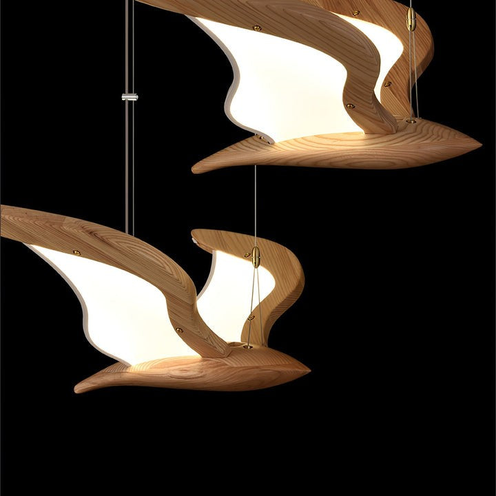 Wing-Shaped LED Pendant Lamp with Wooden Accents