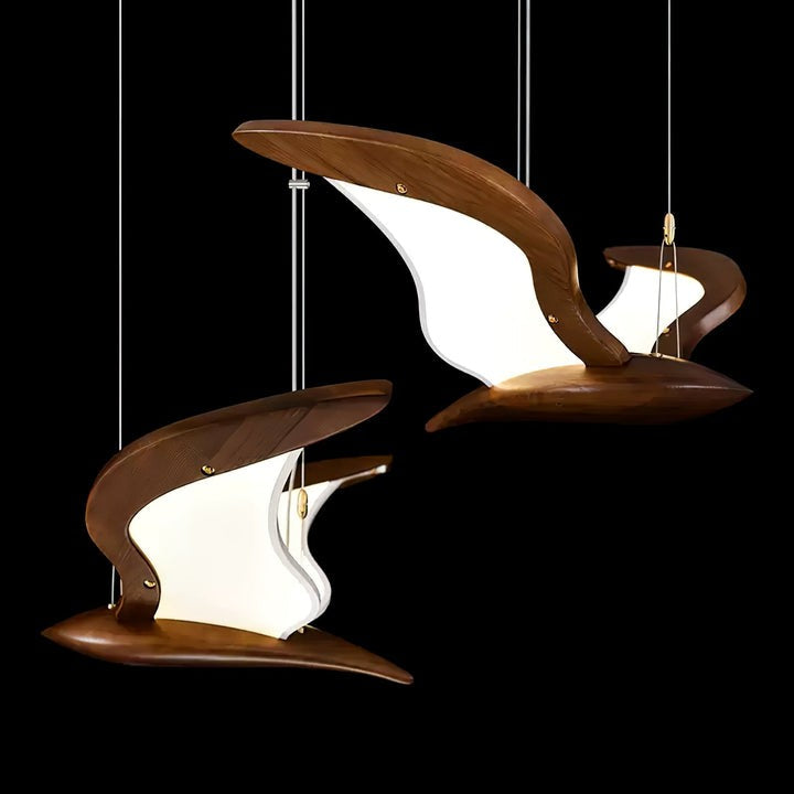 Wing-Shaped LED Pendant Lamp with Wooden Accents