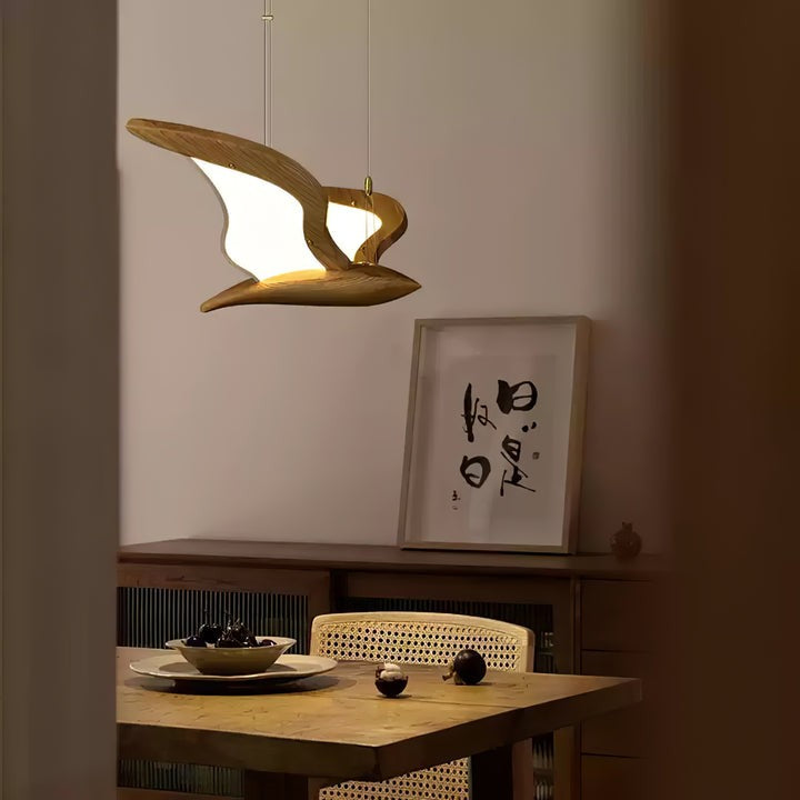 Wing-Shaped LED Pendant Lamp with Wooden Accents