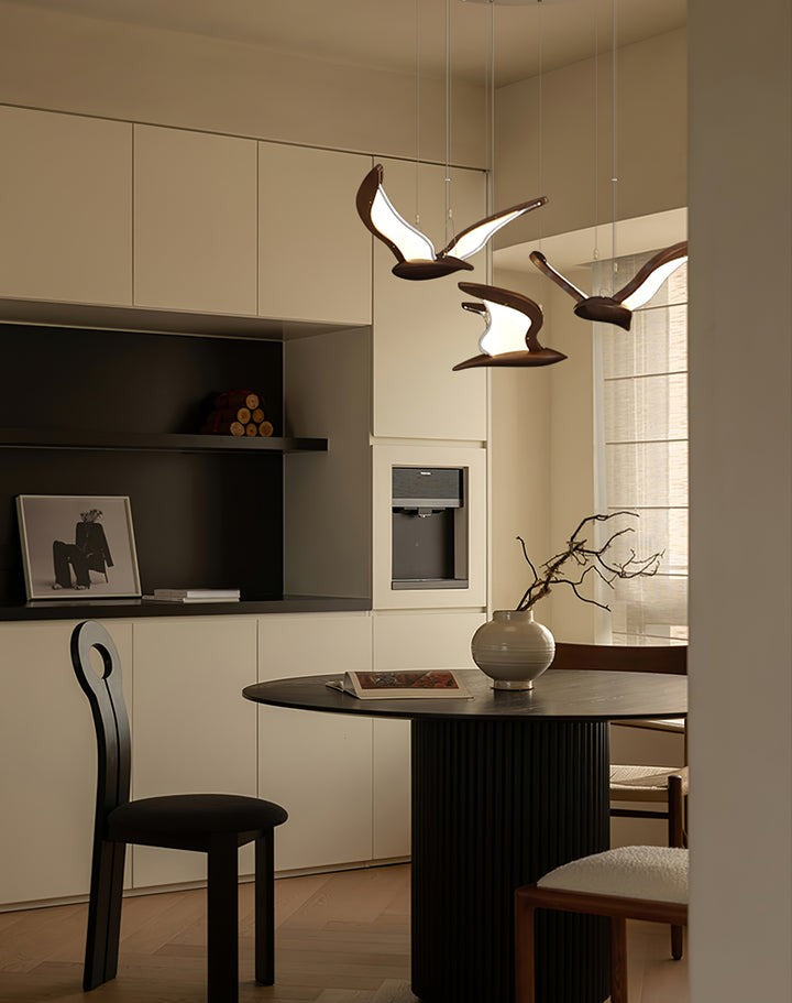 Wing-Shaped LED Pendant Lamp with Wooden Accents