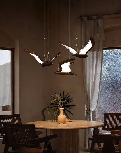 Wing-Shaped LED Pendant Lamp with Wooden Accents