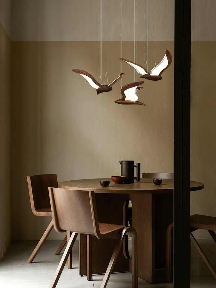 Wing-Shaped LED Pendant Lamp with Wooden Accents