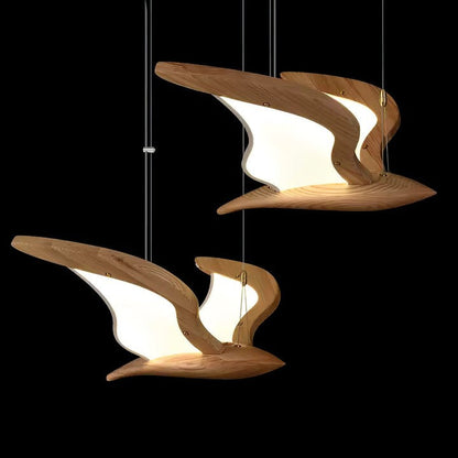 Wing-Shaped LED Pendant Lamp with Wooden Accents