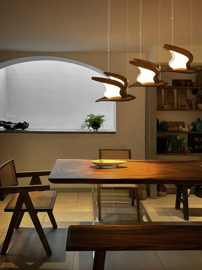 Wing-Shaped LED Pendant Lamp with Wooden Accents