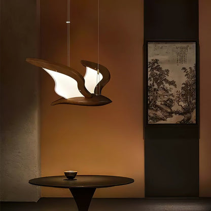 Wing-Shaped LED Pendant Lamp with Wooden Accents