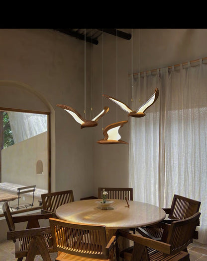 Wing-Shaped LED Pendant Lamp with Wooden Accents
