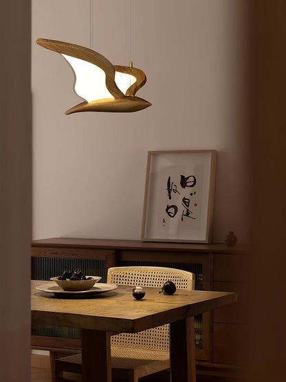 Wing-Shaped LED Pendant Lamp with Wooden Accents